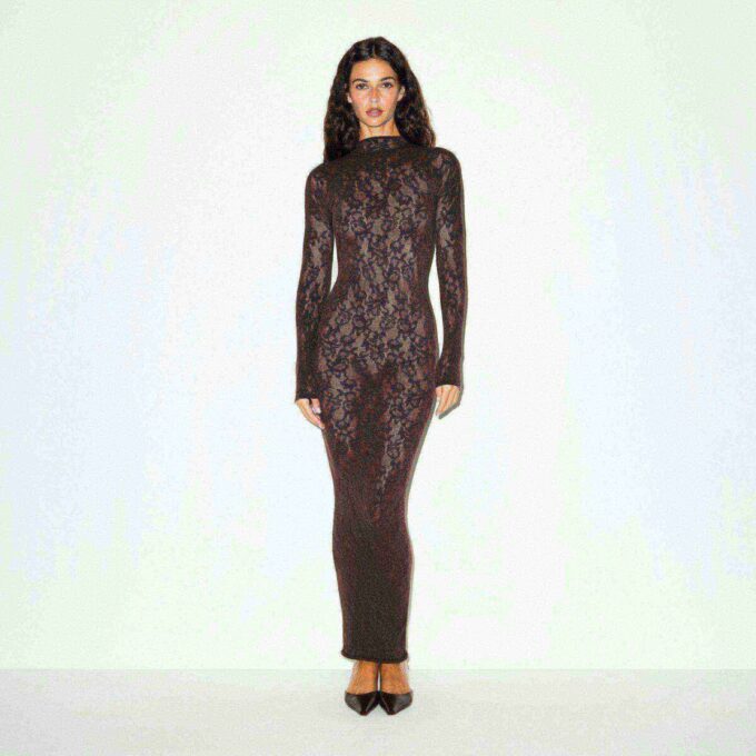 KNIT LACE MOCK NECK LONG DRESS KNIT LACE MOCK NECK LONG DRESS