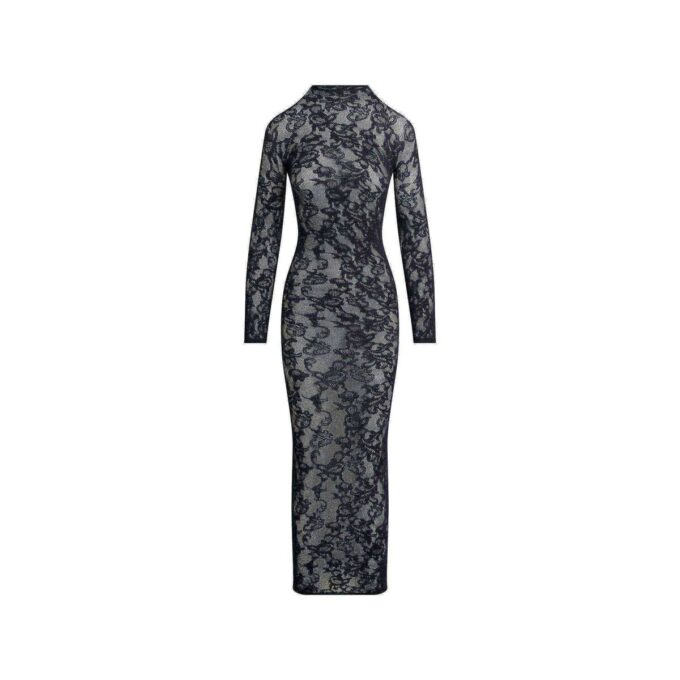 KNIT LACE MOCK NECK LONG DRESS KNIT LACE MOCK NECK LONG DRESS