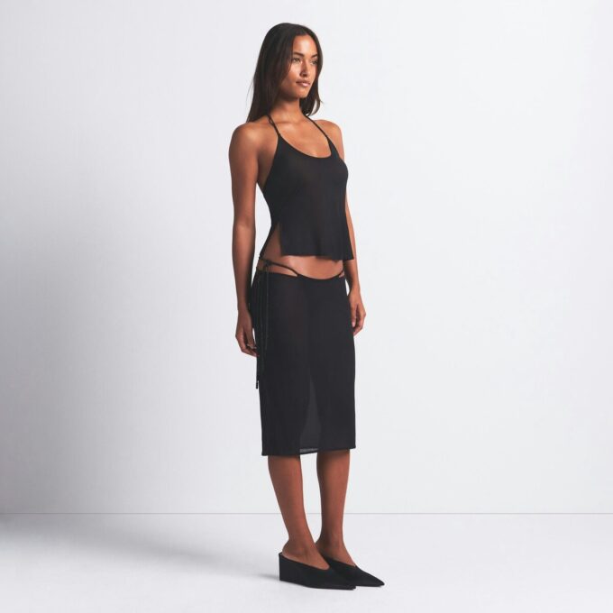 RHINESTONE KNIT HALTER CAMI AND TIE SIDE BIKINI SET