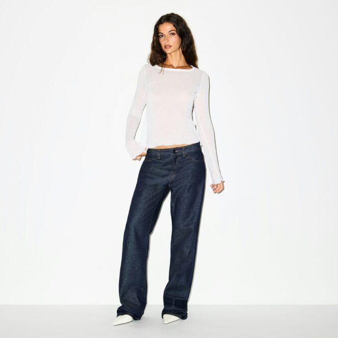 SHEER RIB LONG SLEEVE CREW NECK TOP