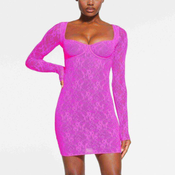 STRETCH LACE LINED LONG SLEEVE UNDERWIRE DRESS STRETCH LACE LINED LONG SLEEVE UNDERWIRE DRESS