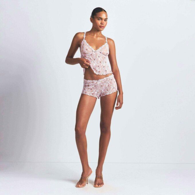 STRETCH LACE TRIANGLE CAMI AND SHORT SET